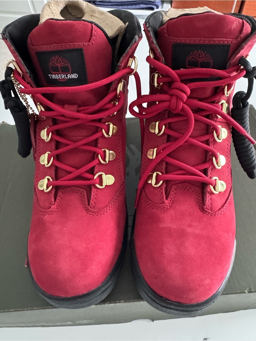Timberland Women's Red Suede Lace-Up Hiking Boots with Gold Hardware